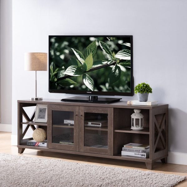 Elegant TV Stand Walnut Oak with Glass Door and Crosshatch Carvings (182321) - Image 3