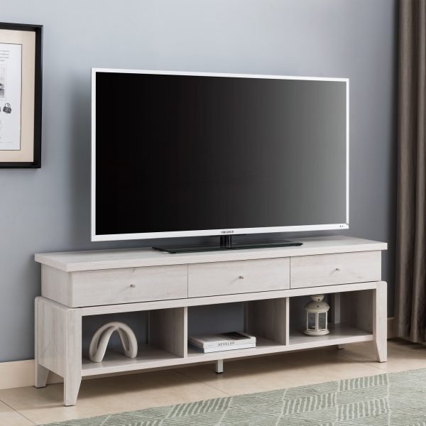 White Oak TV Stand with Storage  Accommodates TVs up to 65” Three Drawers & Shelves (212944)