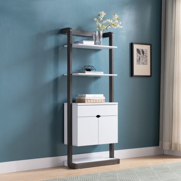 Slim Two-Toned White & Distressed Grey Bookcase with Drawer and Cabinet Storage (213031)