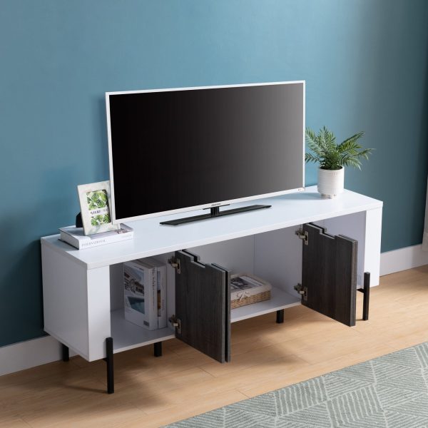 Modern White & Distressed Grey TV Stand with Metal Legs and Storage Cabinets (213038) - Image 2