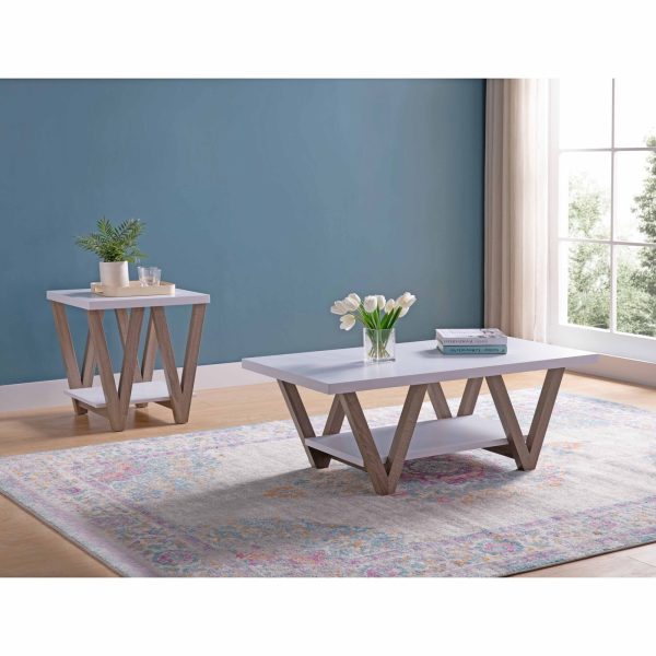 2PC Coffee & End Table Set White3 & Dark Taupe with V-Shaped Legs (223051-X2)