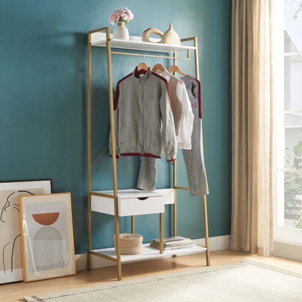 White and Gold Clothes Rack with Shelves and Drawer Stylish Space-Saving Storage (223144)