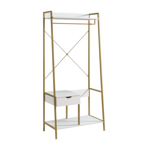 White and Gold Clothes Rack with Shelves and Drawer Stylish Space-Saving Storage (223144) - Image 6