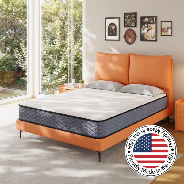 Angle View of the 10-Inch Hybrid Pocket Coil and Memory Foam Mattress Made in the USA (MPS1001)