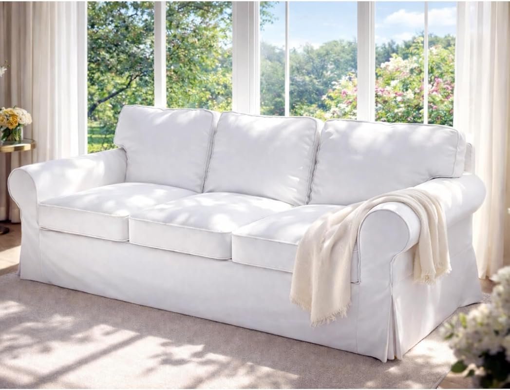 White Flax Cotton Slipcover for IKEA Ektorp 3 Seat Sofa, Soft and Dura