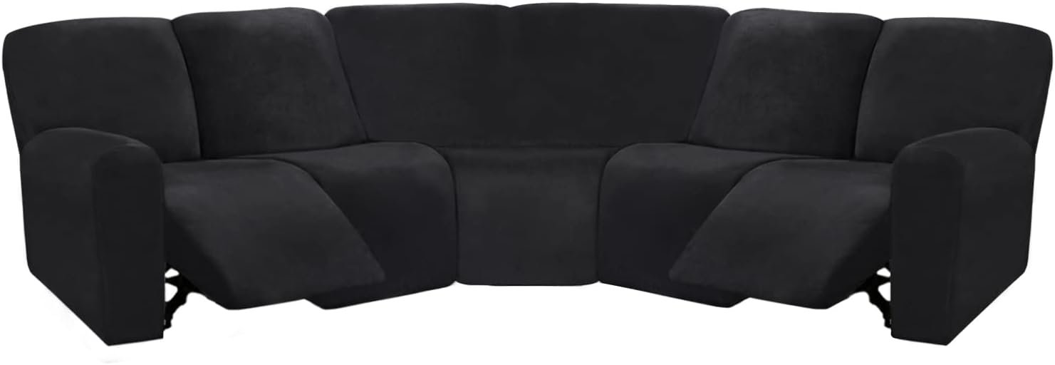 Black Velvet Stretch L-Shape Sectional Recliner Sofa Covers. Thick, So