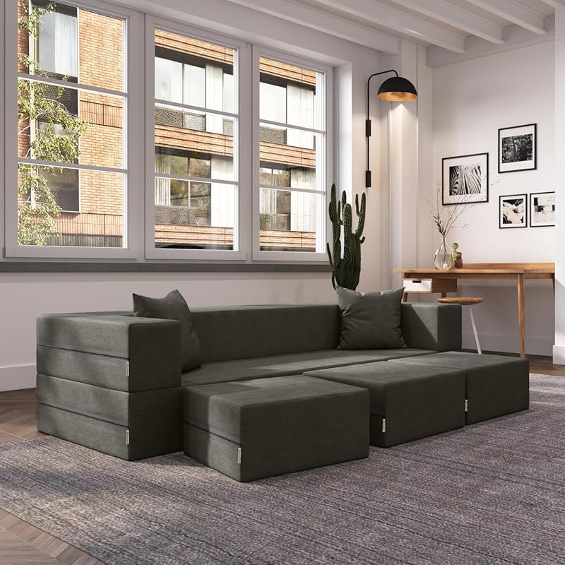 Jaxx Zipline Convertible Sleeper Sofa with Ottomans, Microvelvet in Ch