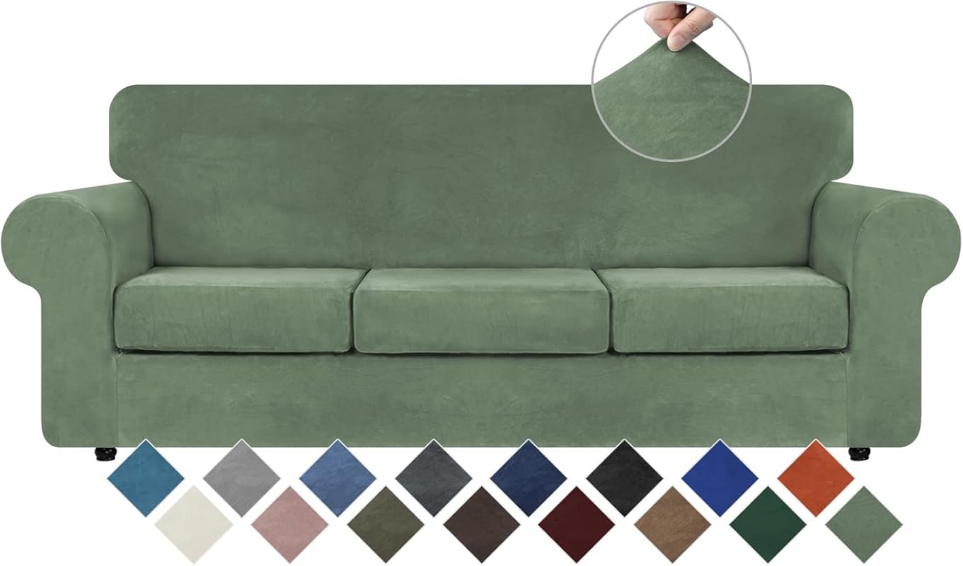 WEERRW 4-Piece Velvet High Stretch Sofa Slipcover for 3-Cushion Couch: