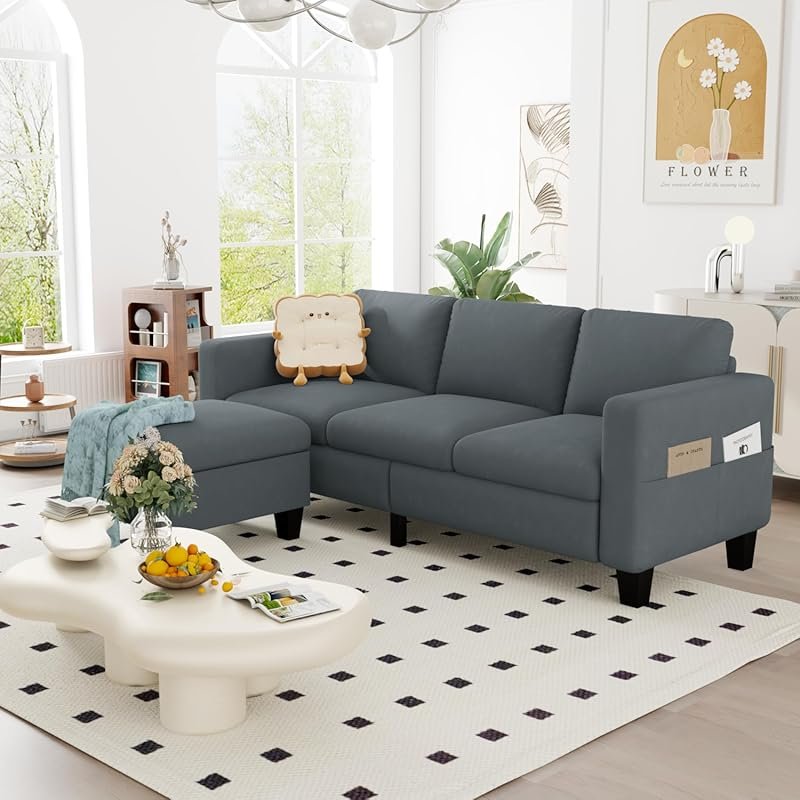 Modern Dark Grey Velvet Convertible Sectional Sofa with L-Shape and Mo