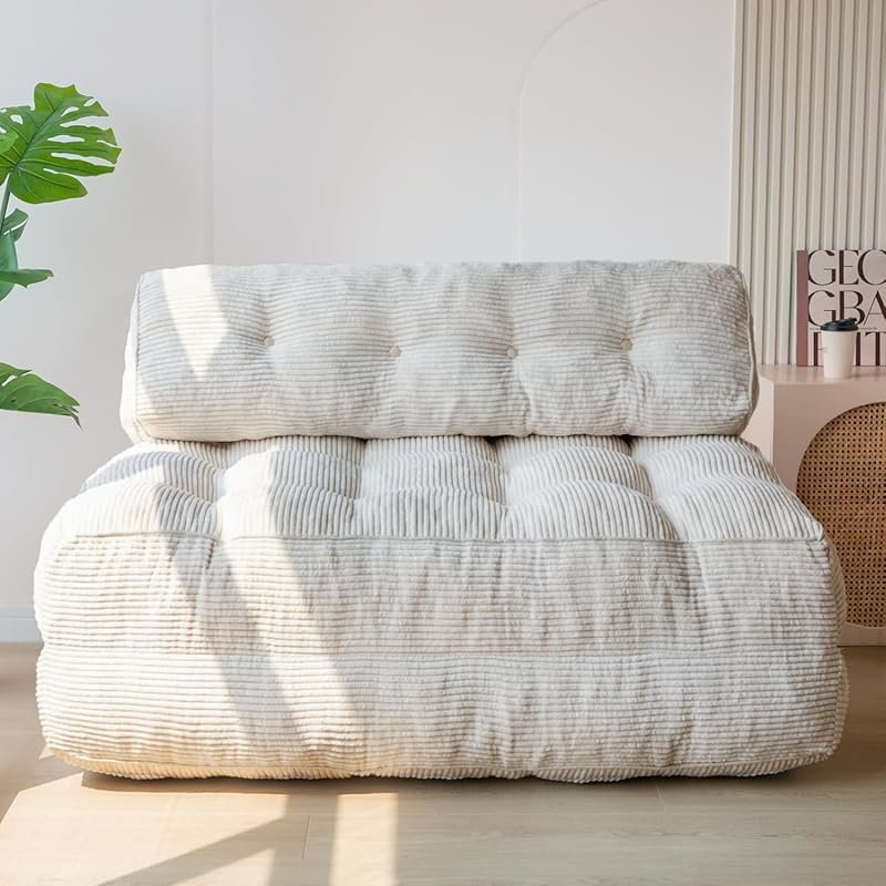 Beige Double Folding Sofa Bed: Convertible Sleeper Chair, Fold Out Mat