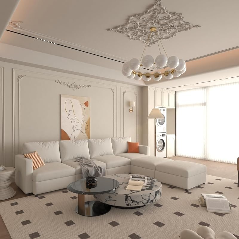 White Chenille Oversized Cloud Sectional Sofa Bed with Full Storage Se