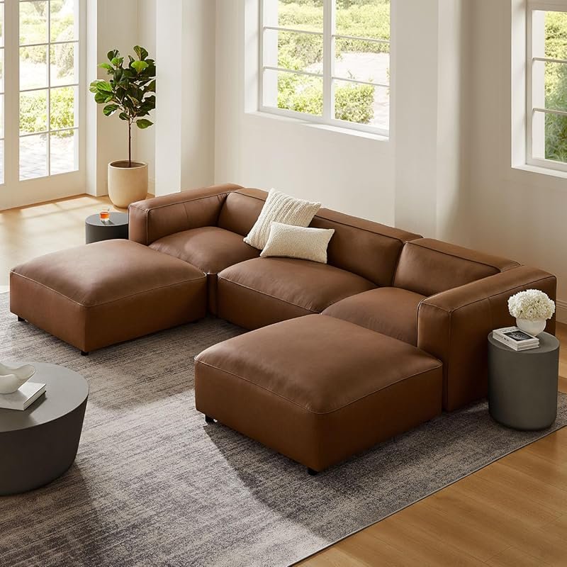 Modway Auren Vegan Leather 5 Piece Modular U-Shaped Sofa in Coffee - F