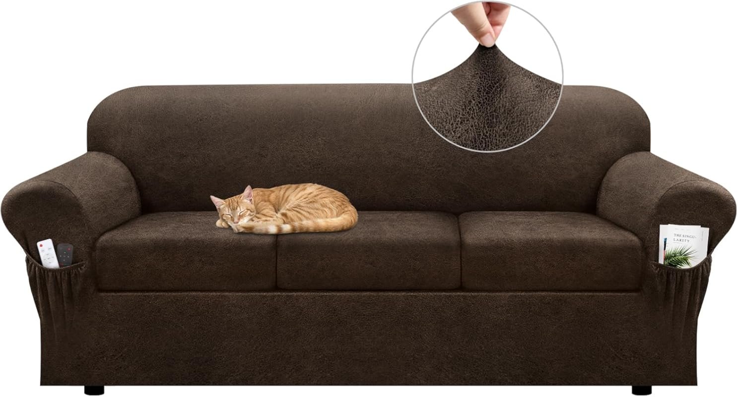 Brown Faux Leather Stretch Sofa Slipcover: Washable, Pet Friendly, Arm