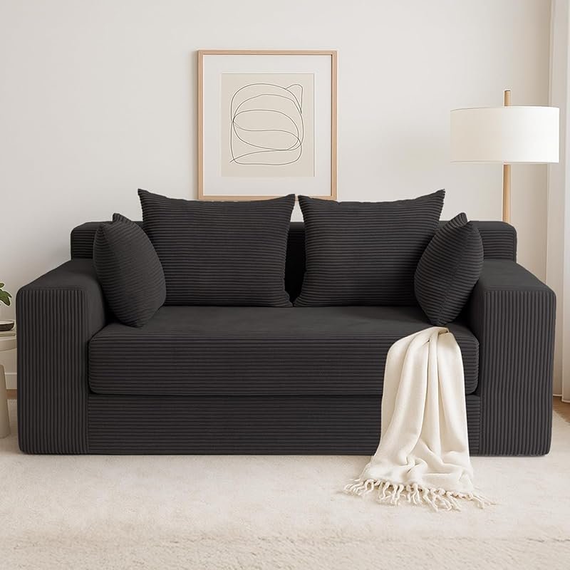 Black Corduroy Boneless Convertible Sofa Bed Loveseat, Pull-Out Futon