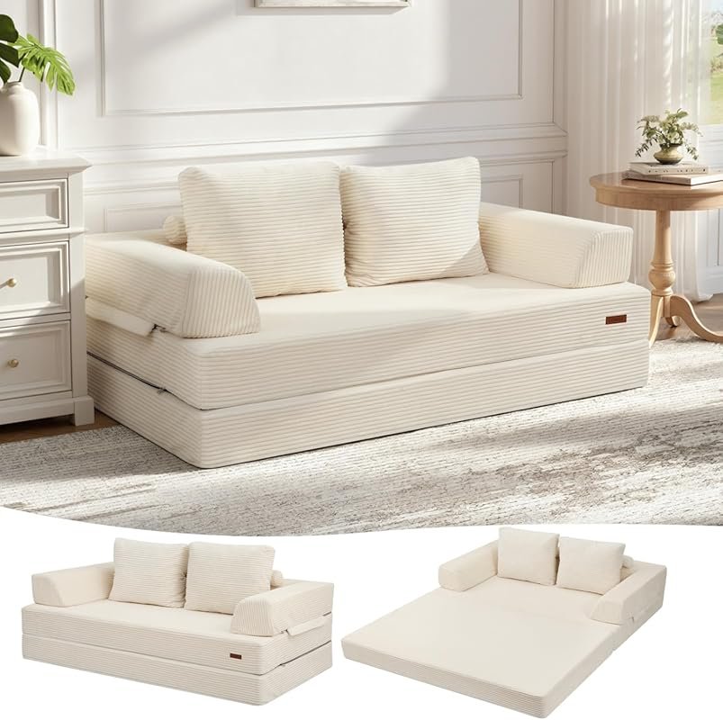 COMAX Beige Corduroy Convertible Sofa Bed: Folding Boneless Futon Slee