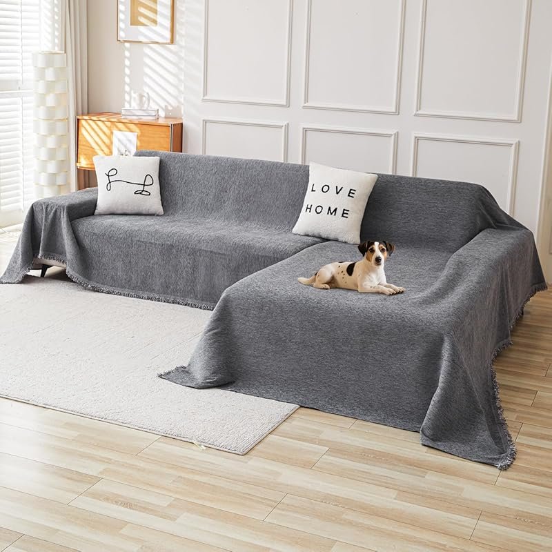 XX-Large Dark Grey Chenille L-Shaped Sectional Couch Covers for Pets a