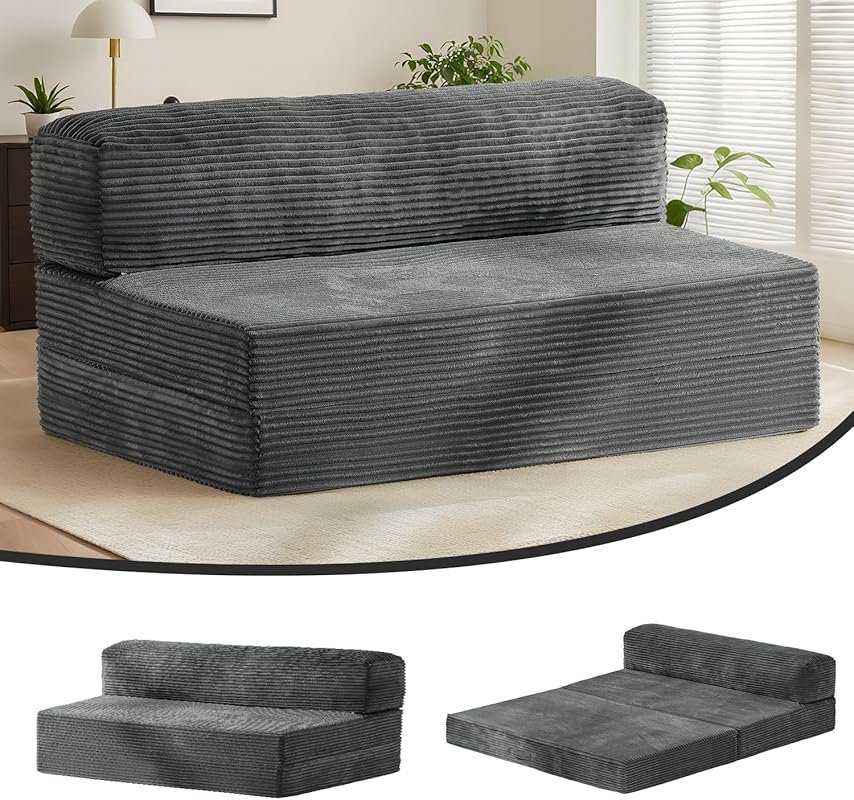 Grey Full Size Folding Futon Sofa Bed: 6-inch Convertible Pull Out Flo