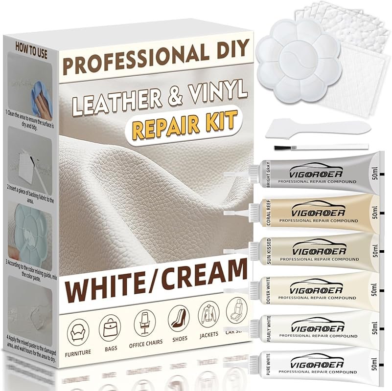 Cream Leather and Vinyl Repair Kit for Sofa, Furniture, Car Interior, 