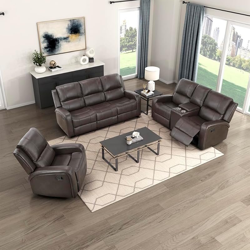 Lexicon 3-Piece Top Grain Leather Manual Wall Hugger Reclining Sofa Se