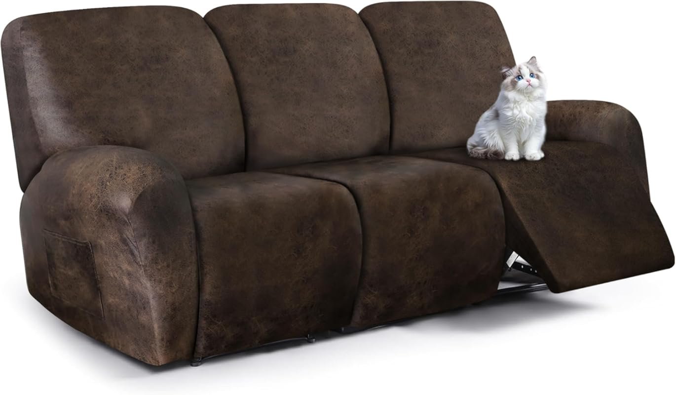 Leather Look 8-Piece Stretch Recliner Sofa Cover, Soft, Washable Prote