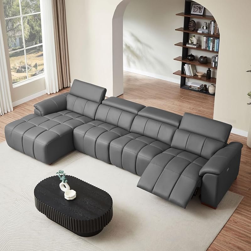 Modern L-Shaped Top Grain Leather Sectional Sofa, Quilted Power Reclin
