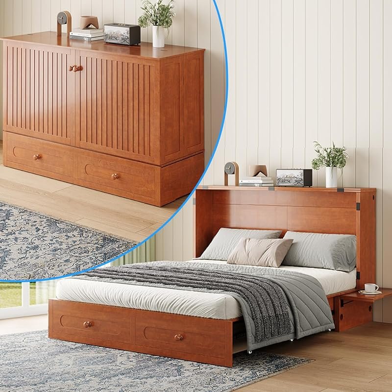 PUREMIND Queen Murphy Bed with Solid Wood Frame, Storage Drawer, USB Charging