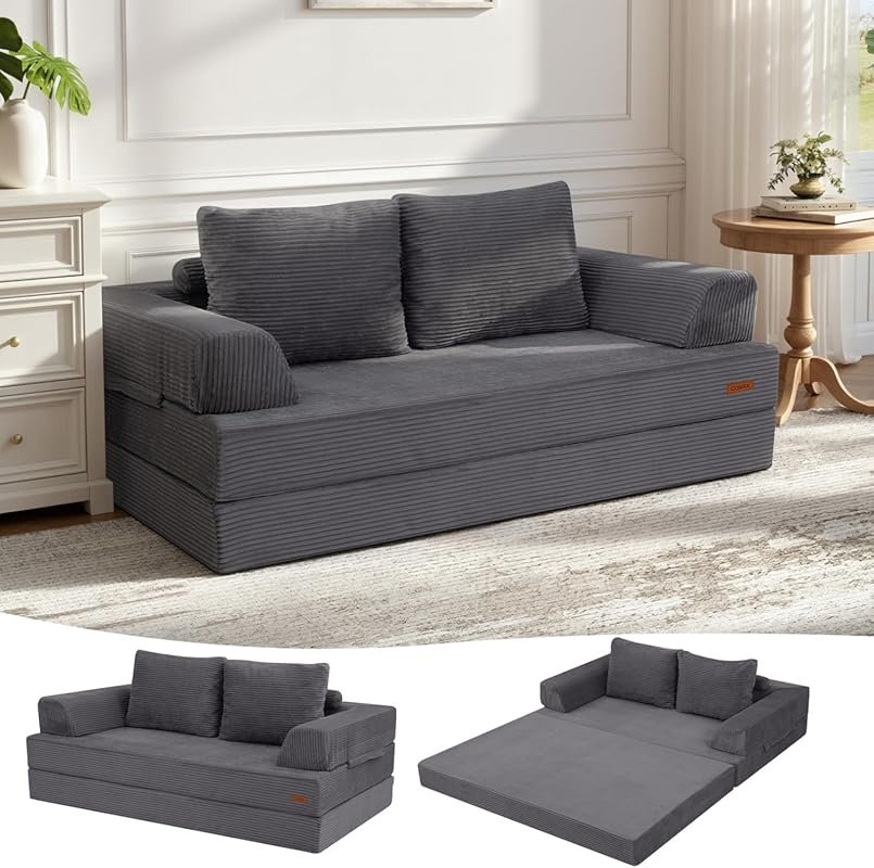 Convertible Corduroy Futon Sleeper Sofa Bed, Folding Floor Boneless Lo
