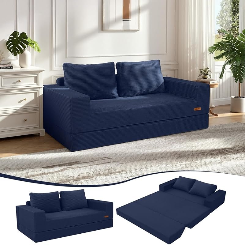 Navy Queen Corduroy Convertible Folding Sofa Bed: Boneless Pull Out Fl