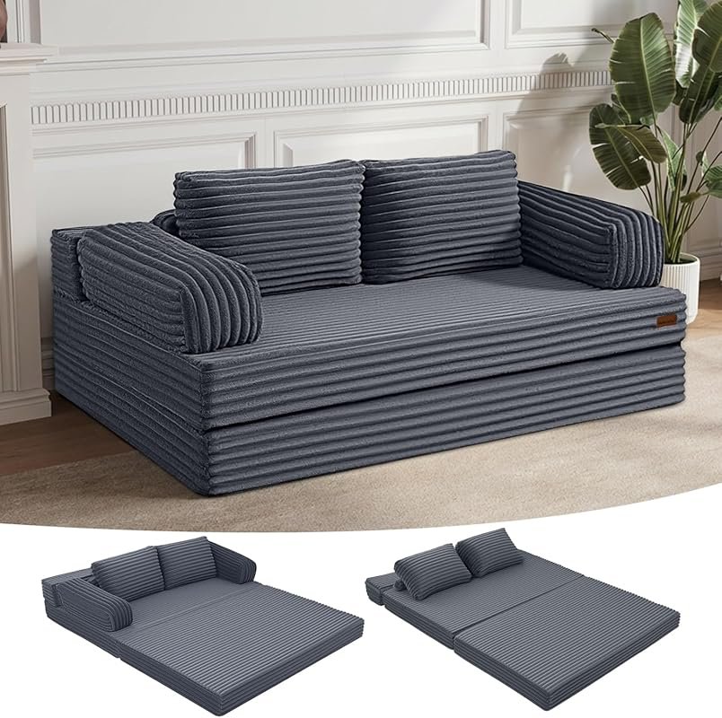 Gray Corduroy Queen Sofa Bed: Folding Pull Out Sleeper Couch with Pill