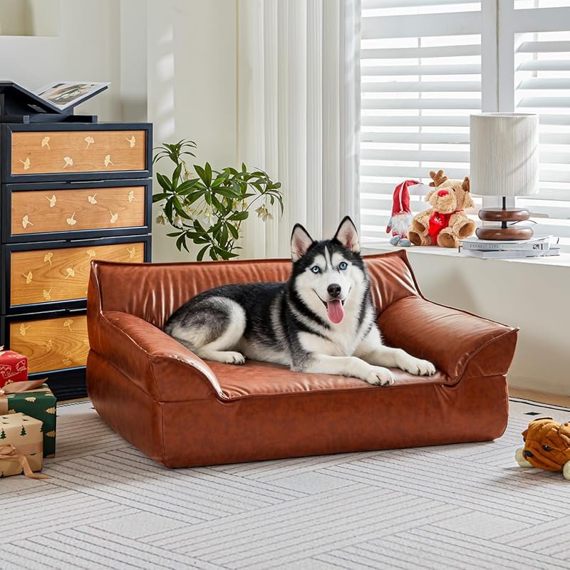 A Luxurious Vintage Leather Dog Sofa Chaise, Elevated, for Large and M