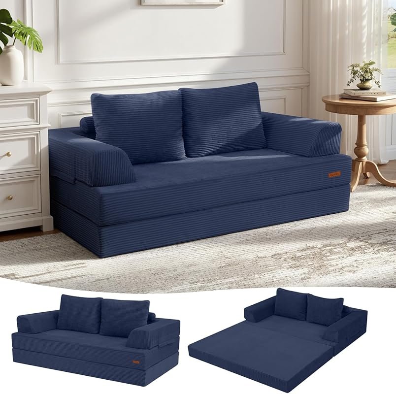 Navy Corduroy Boneless Convertible Sofa Bed, Folding Floor Futon Sleep