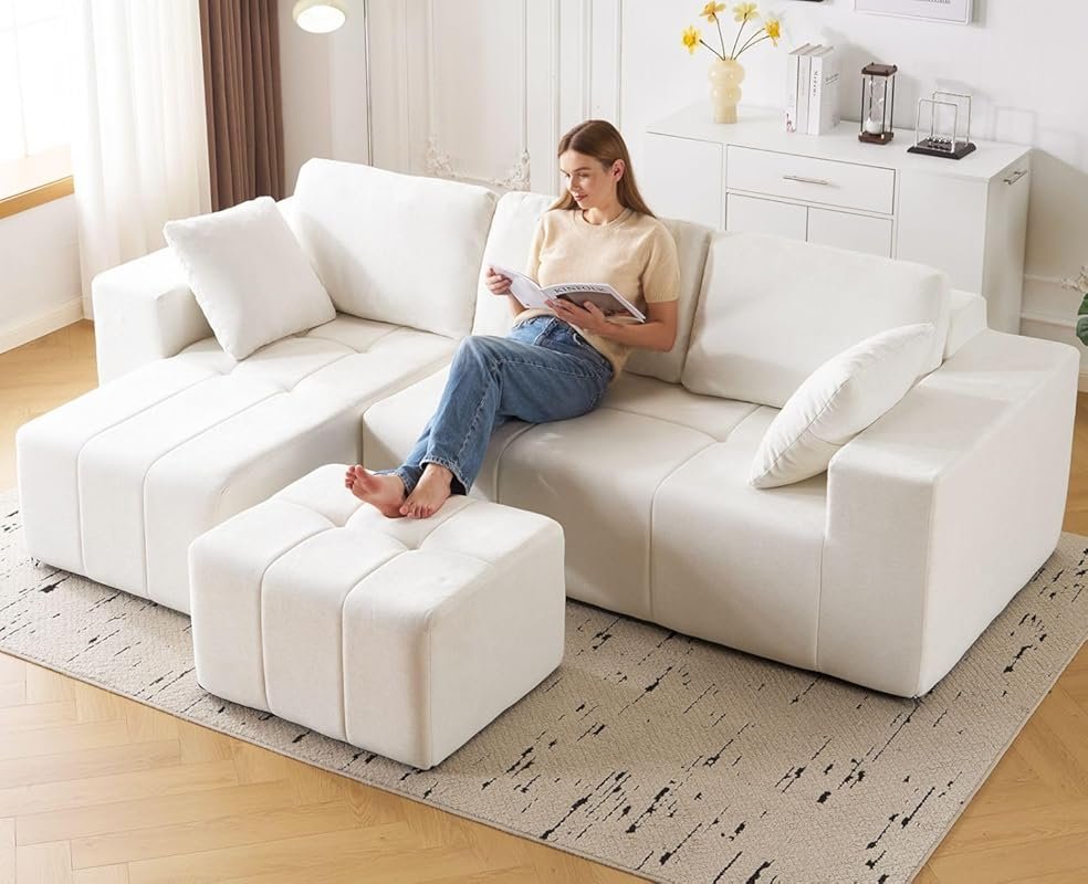 Beige Square Chenille Stuffed Pouf Ottoman with Foam Filling, an Accen