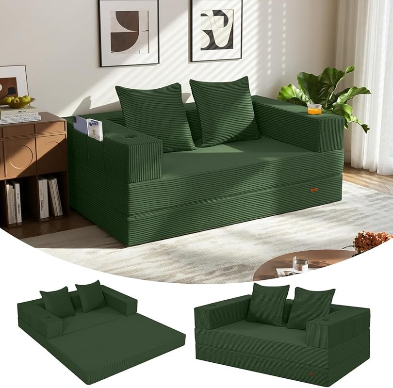 Green Folding 4-in-1 Futon Sofa Bed and Convertible Loveseat for Small