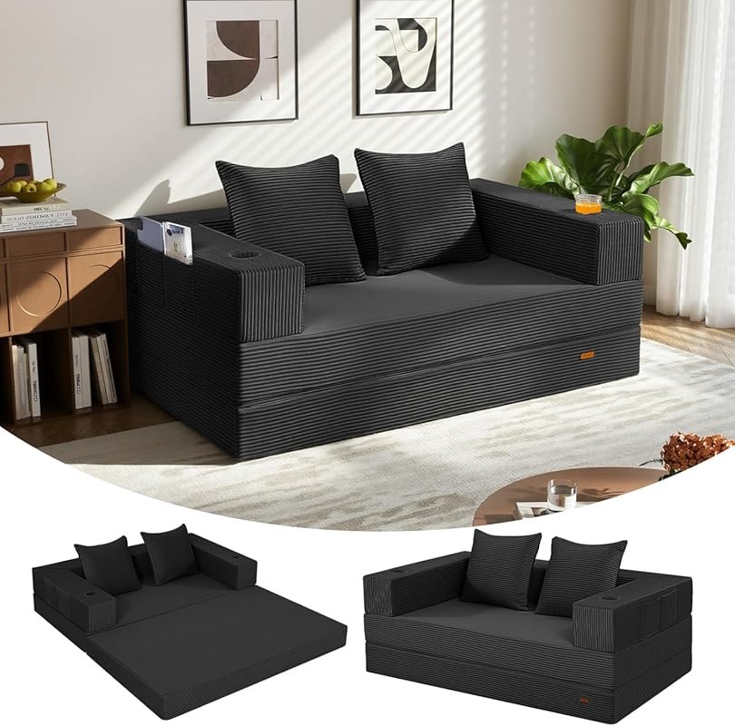 Black 4-in-1 Convertible Futon Sofa Bed, Fold-Out Floor Sleeper for Sm