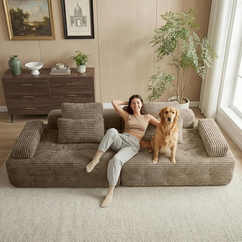 Oversized Khaki Corduroy Modular Sectional Sofa with Deep Seats and Ch