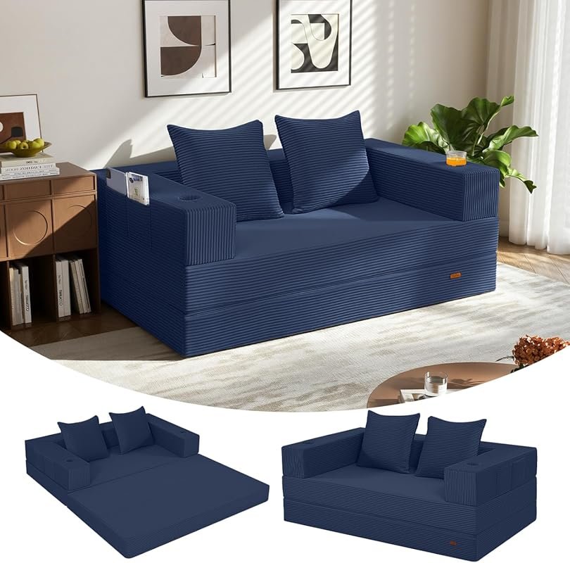 Navy Blue Futon Sofa Bed: Convertible Folding Loveseat Floor Sleeper f