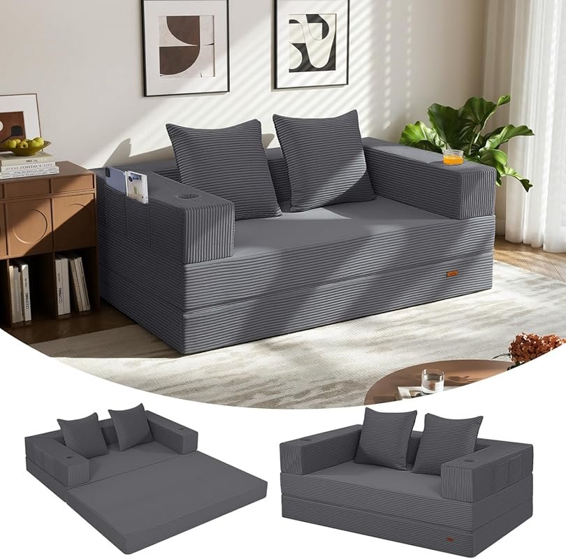 Grey 4-in-1 Convertible Folding Futon Sofa Bed: Boneless Loveseat Floo