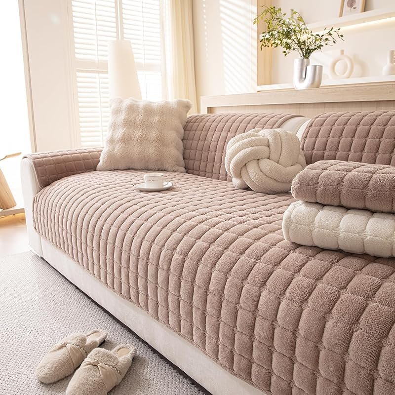 Washable Non-Slip Plush Sofa Cover for Leather Couches, Rubber Backed