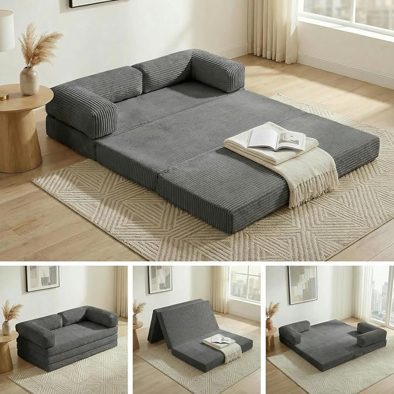 Corduroy 5-in-1 Convertible Futon Sofa Bed, Tri-Fold with Removable Ar