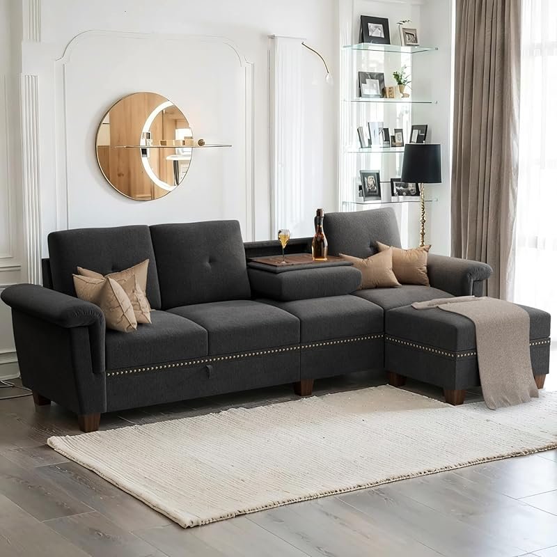 Black Modular Convertible L-Shaped Sectional Sofa with Storage Ottoman