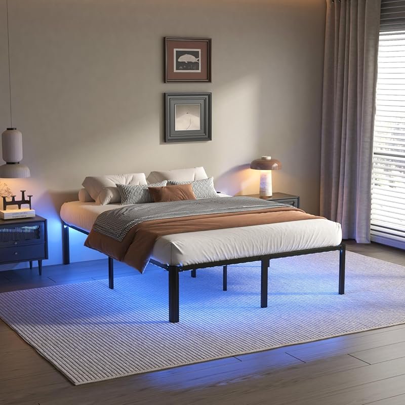 King Size Metal Bed Frame with LED Lights, 14-Inch Heavy Duty Platform
