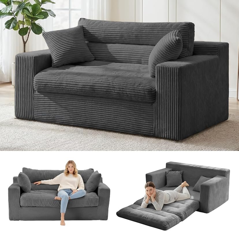 Gray Convertible Sofa Bed: Two-Seater Pull Out Floor Loveseat with Pil