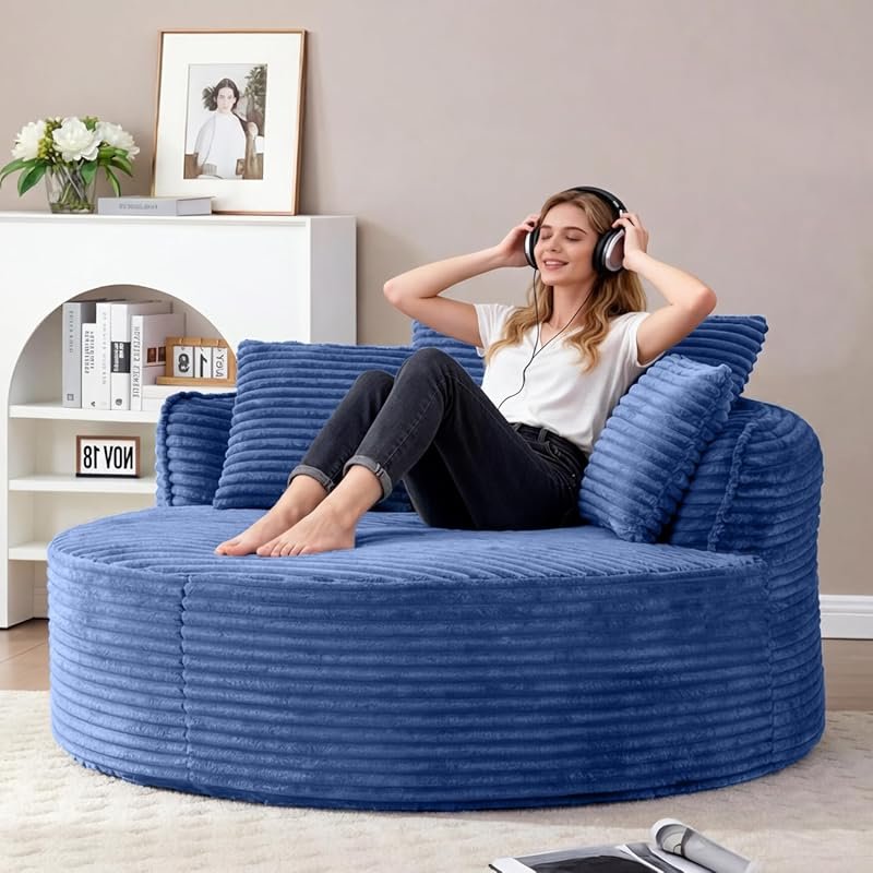 Blue Corduroy Oversized Round Cloud Lounge Chaise, Fluffy Single Deep 