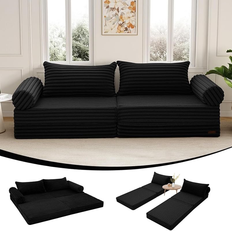 Corduroy Black Queen Pull Out Sleeper Sofa with Pillows for Small Spac