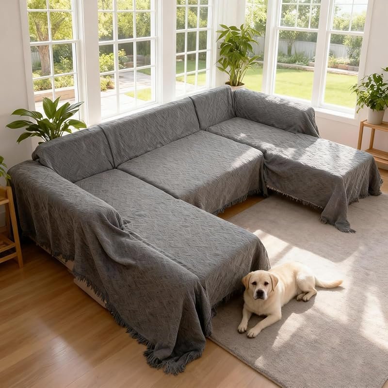 Washable Dark Gray U-Shaped Sectional Couch Covers with Chaise Lounge