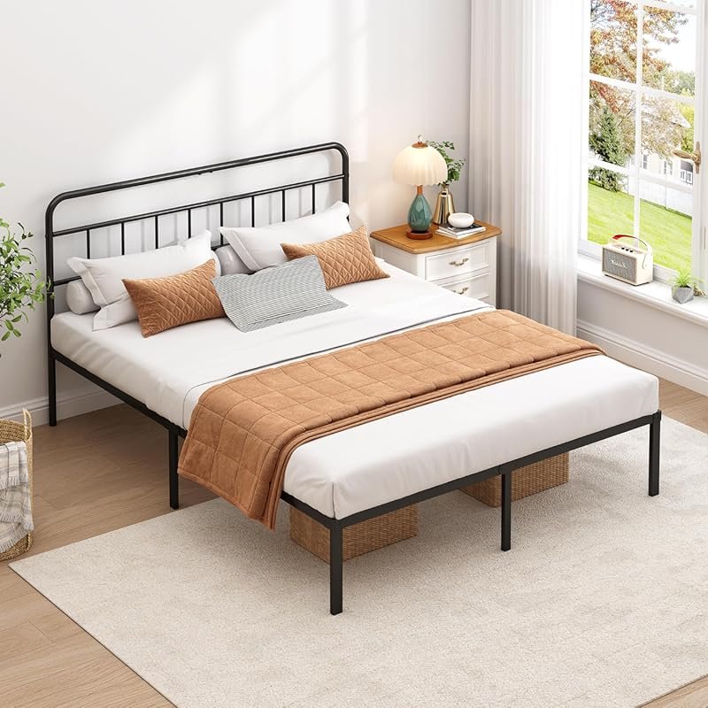 Queen Metal Bed Frame with Classic Headboard, Strong Slats, Under-Bed 