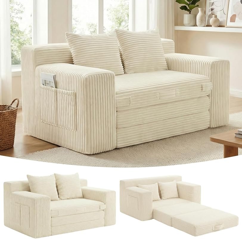 3-in-1 Boneless Loveseat Sleeper – Convertible Corduroy Futon
