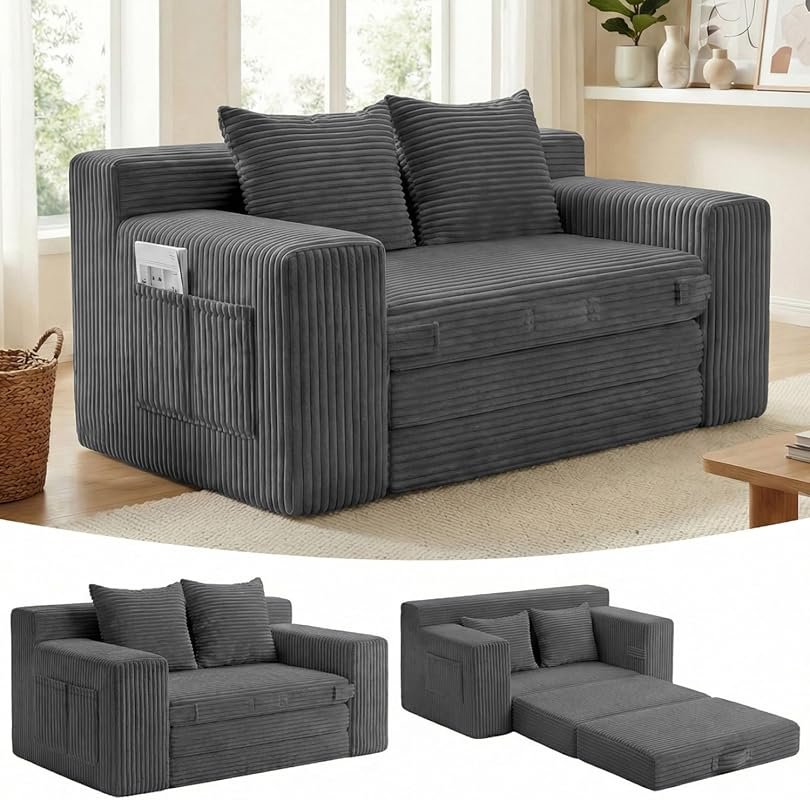 Boneless 3-in-1 Corduroy Loveseat Sleeper Sofa: Pull-Out Futon Bed wit