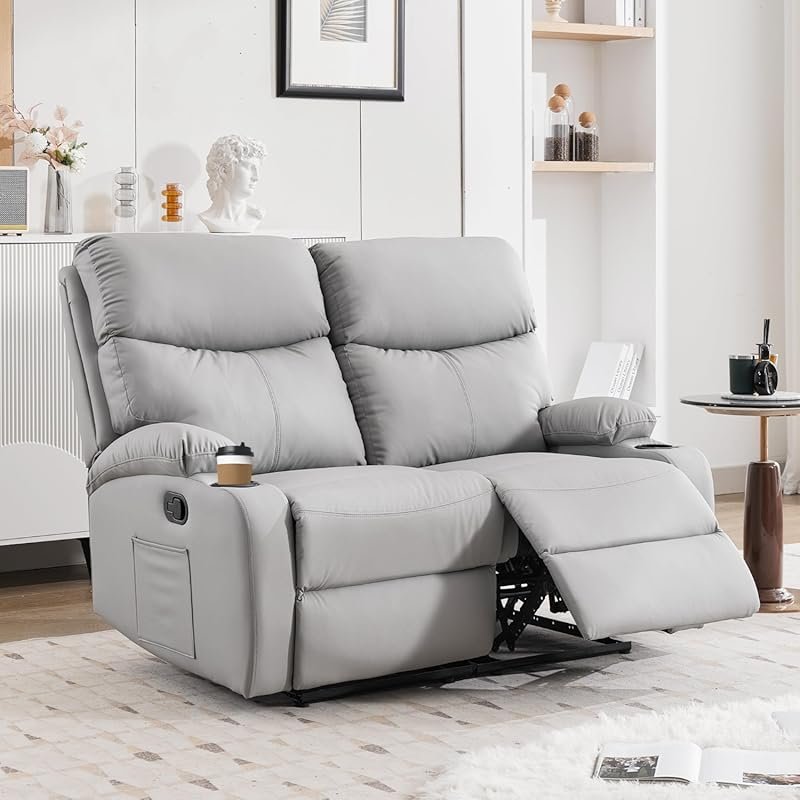 Gray PU Leather Reclining Loveseat, Wall Hugger for RV, Home Theater, 
