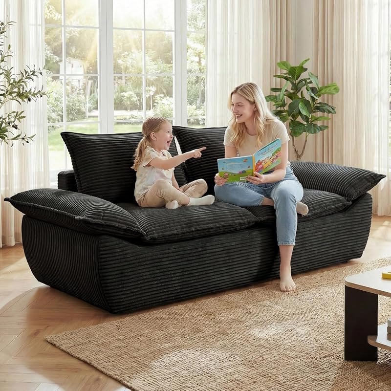 59-inch Black Boneless Loveseat Sofa: Removable Cushions and Two Pillo